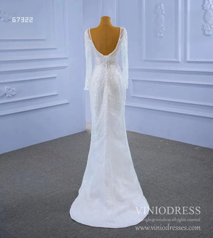 Long Sleeve Beaded Wedding Dresses with Satin Overskirt Detachable 67322-wedding dresses 2025 -Viniodress-Ivory-Custom Size-