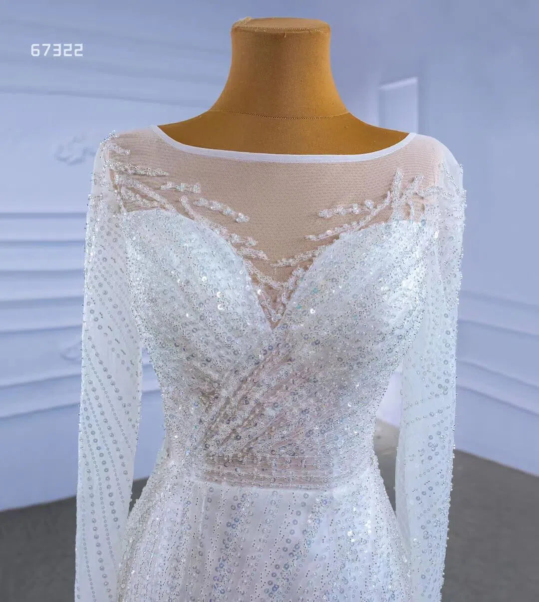 Long Sleeve Beaded Wedding Dresses with Satin Overskirt Detachable 67322-wedding dresses 2025 -Viniodress-Ivory-Custom Size-