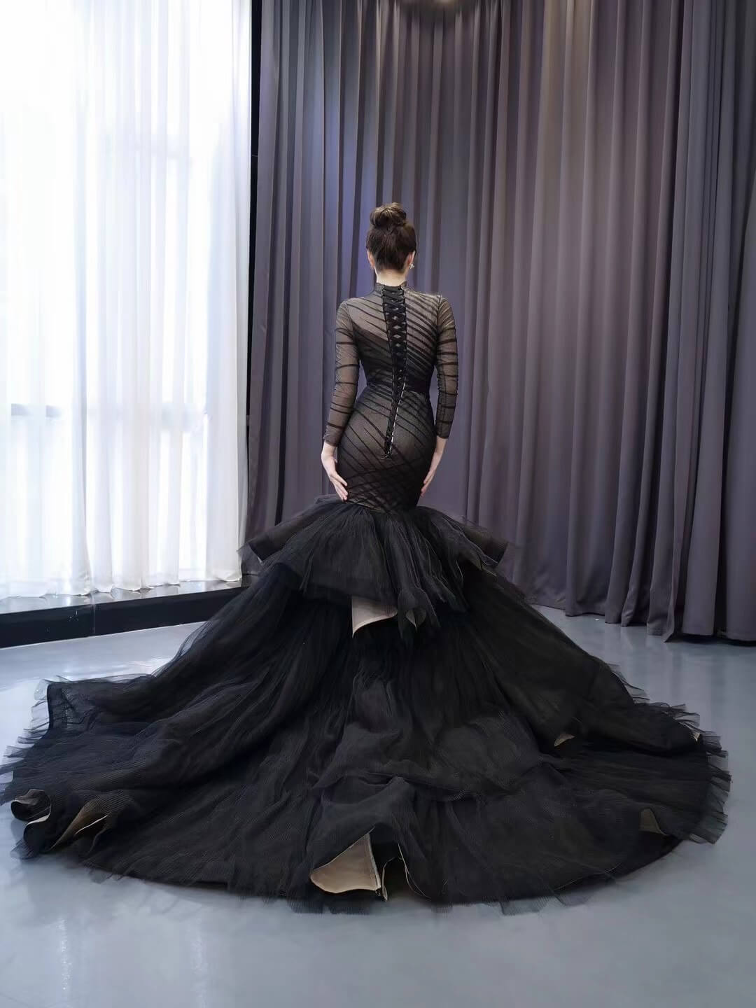 Long Sleeve Black Mermaid Wedding Dresses Ruffle Pageant Gown 241054-wedding dresses 2025 -Viniodress-Black-Custom Size-