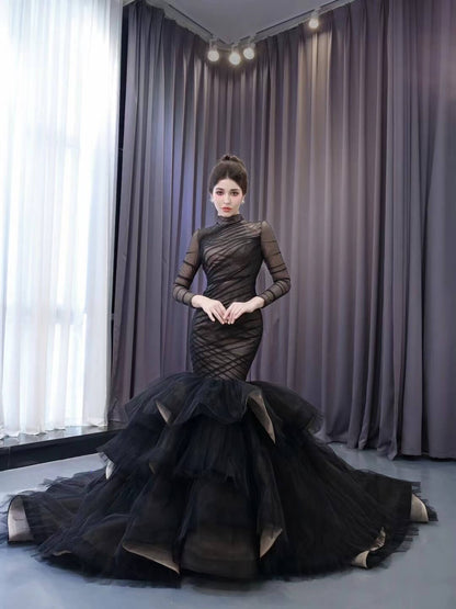 Long Sleeve Black Mermaid Wedding Dresses Ruffle Pageant Gown 241054-wedding dresses 2025 -Viniodress-Black-Custom Size-