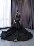 Long Sleeve Black Mermaid Wedding Dresses Ruffle Pageant Gown 241054-wedding dresses-Viniodress-Viniodress