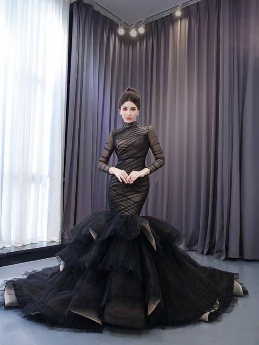 Long Sleeve Black Mermaid Wedding Dresses Ruffle Pageant Gown 241054 - Viniodresswedding dressesBlackCustom Size - Formal Dresses - Ball Gowns