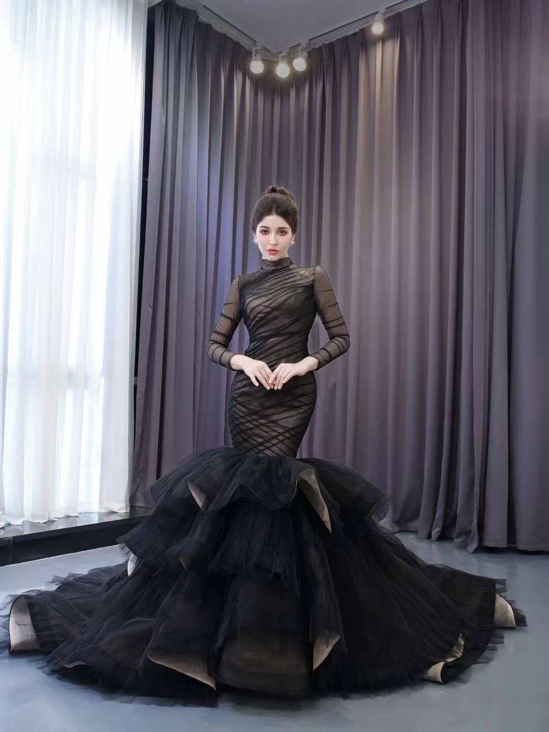 Long Sleeve Black Mermaid Wedding Dresses Ruffle Pageant Gown 241054-wedding dresses-Viniodress-Viniodress