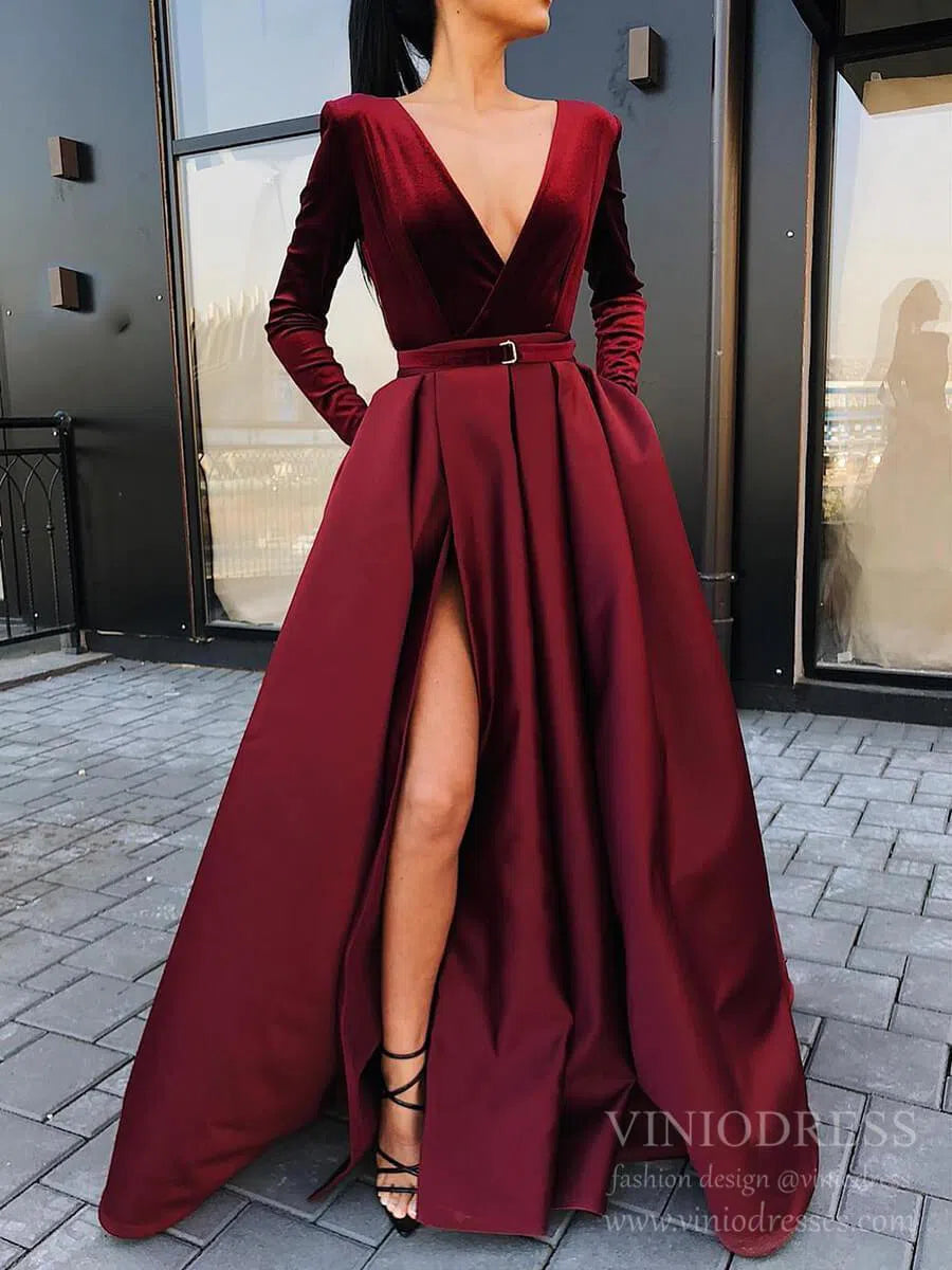 Long Sleeve Black Satin Prom Dresses with Pockets Red Formal Dress FD1595-prom dresses 2025 -Viniodress-Burgundy-Custom Size-