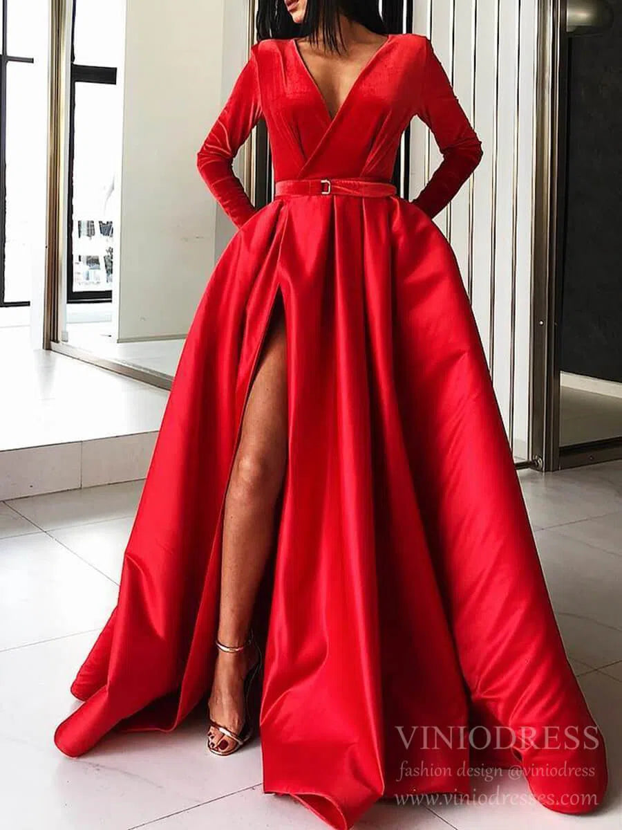 Long Sleeve Black Satin Prom Dresses with Pockets Red Formal Dress FD1595-prom dresses 2025 -Viniodress-Red-Custom Size-
