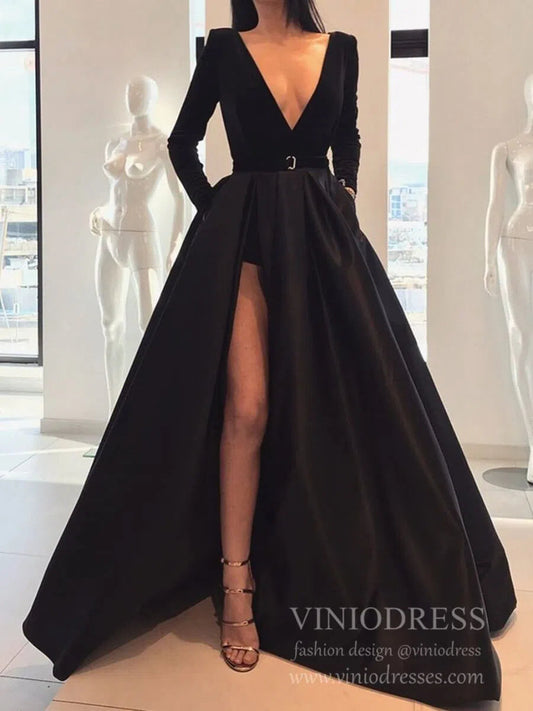 Prom Dress 2025 Long Sleeve V Neck Black and Burgundy Prom Dresses with Pockets FD1595-unique prom dresses-Black-Custom Size-Viniodress