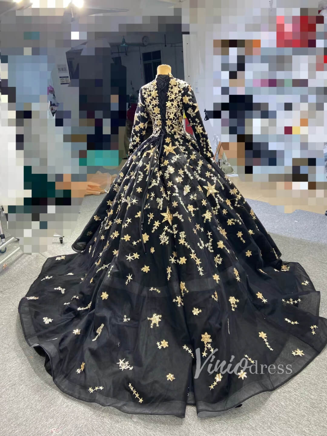 Long Sleeve Black Starry Ball Gown Muslim Style Wedding Dress FD1770 High Neck-prom dresses-Viniodress-Viniodress