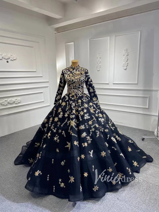 prom dresses 2025 Long Sleeve Black Starry Ball Gown Muslim Style Wedding Dress FD1770 High Neck-plus size wedding dresses Viniodress-Black-Custom Size-