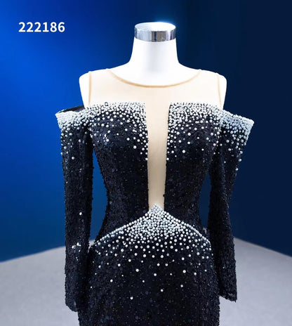 Long Sleeve Black Wedding Dresses Beaded Pageant Dress 222186-prom dresses 2025 -Viniodress-Black-Custom Size-