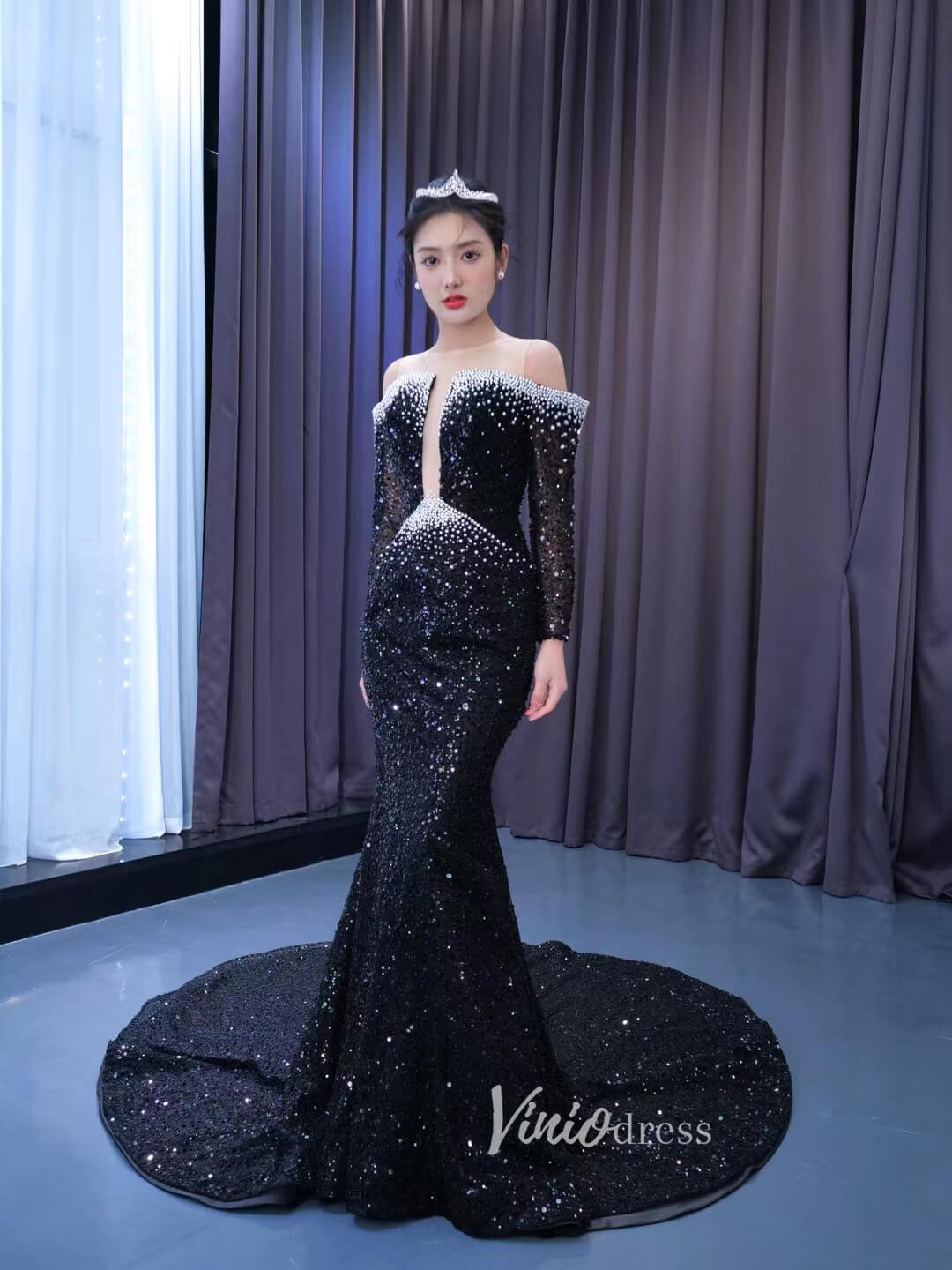 Long Sleeve Black Wedding Dresses Beaded Pageant Dress 222186-prom dresses 2025 -Viniodress-Black-Custom Size-