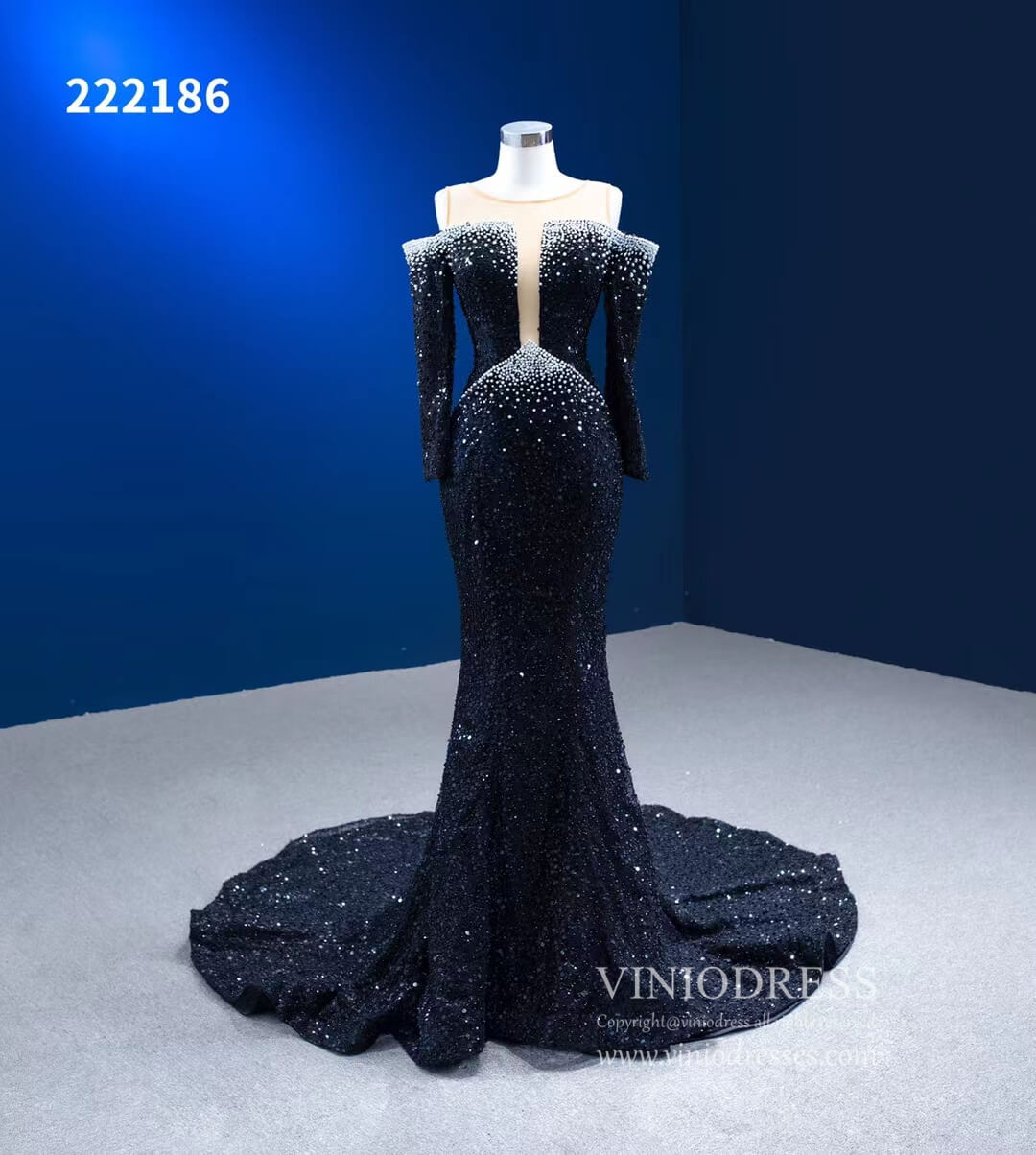 Prom Dress 2025 Long Sleeve Black Wedding Dresses Beaded Pageant Dress 222186-unique prom dresses-Black-Custom Size-Viniodress