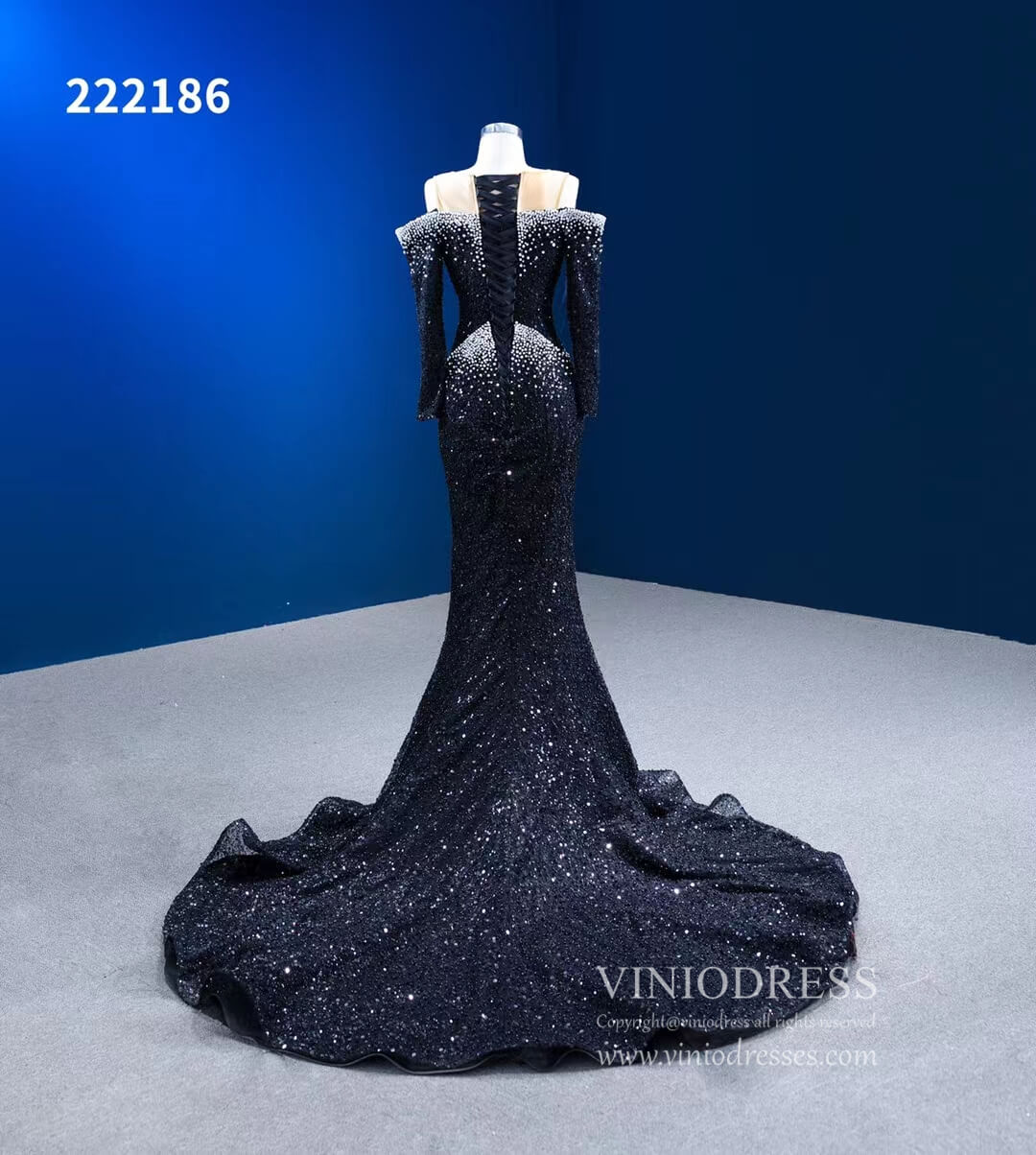 Prom Dress 2025 Long Sleeve Black Wedding Dresses Beaded Pageant Dress 222186-unique prom dresses-Black-Custom Size-Viniodress