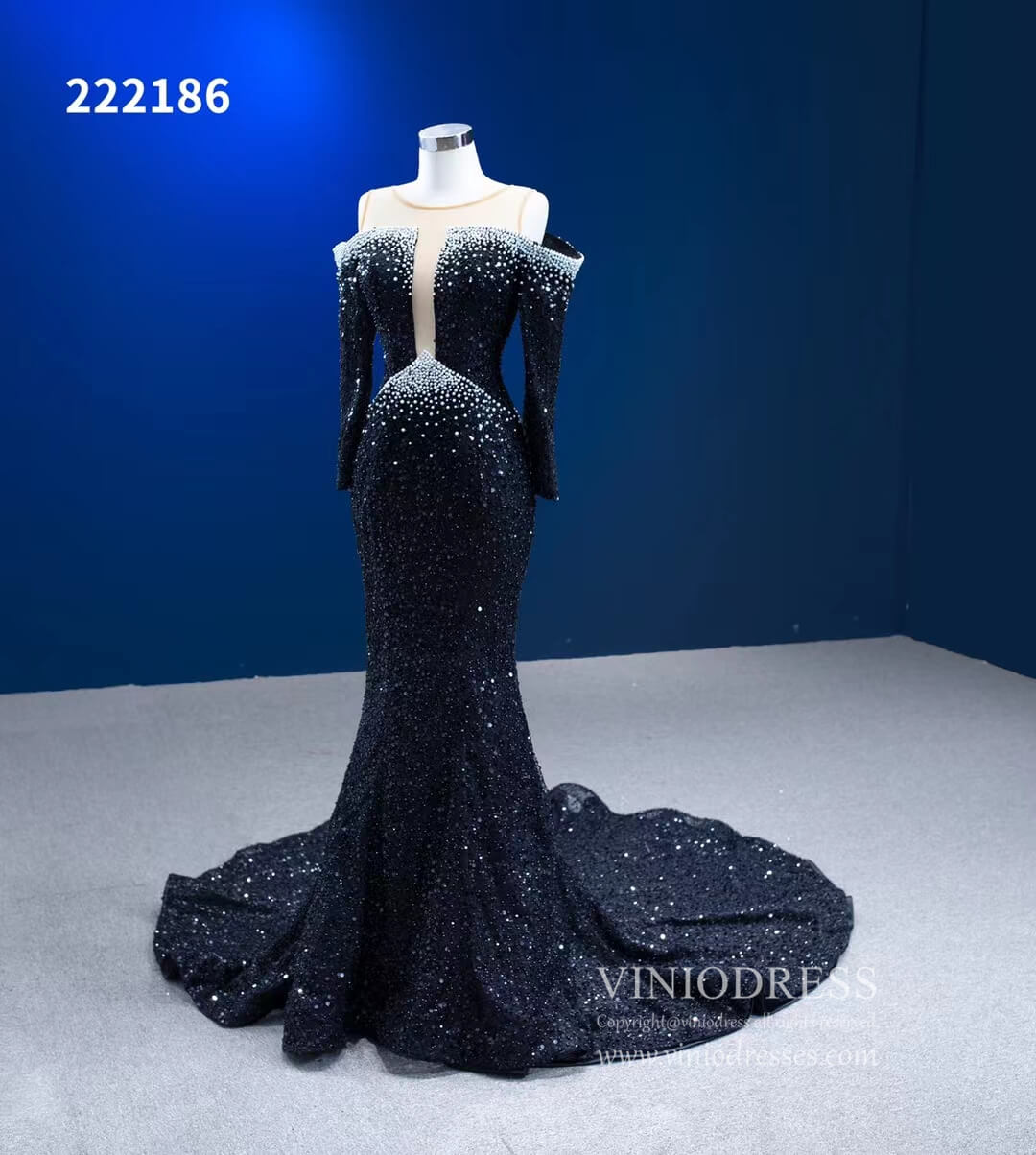 Prom Dress 2025 Long Sleeve Black Wedding Dresses Beaded Pageant Dress 222186-unique prom dresses-Black-Custom Size-Viniodress