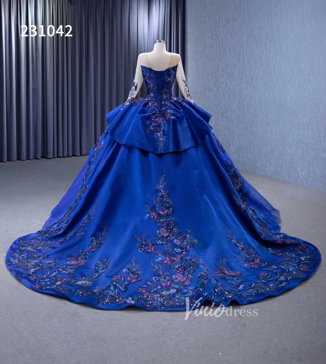 Long Sleeve Blue Ball Gown Wedding Dresses 231042-wedding dresses 2025 -Viniodress-Blue-Custom Size-