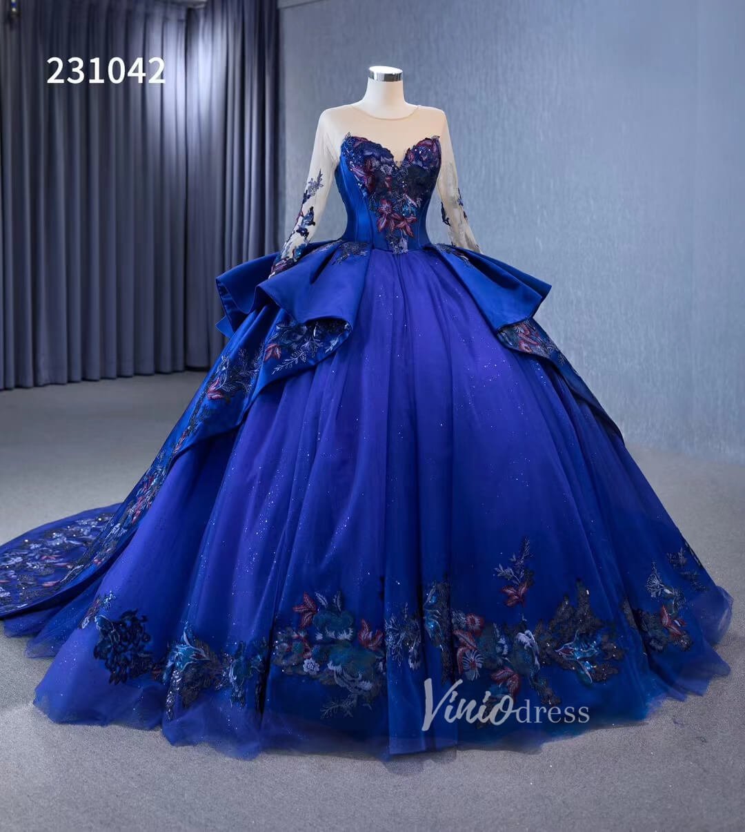 Long Sleeve Blue Ball Gown Wedding Dresses 231042-wedding dresses 2025 -Viniodress-Blue-Custom Size-