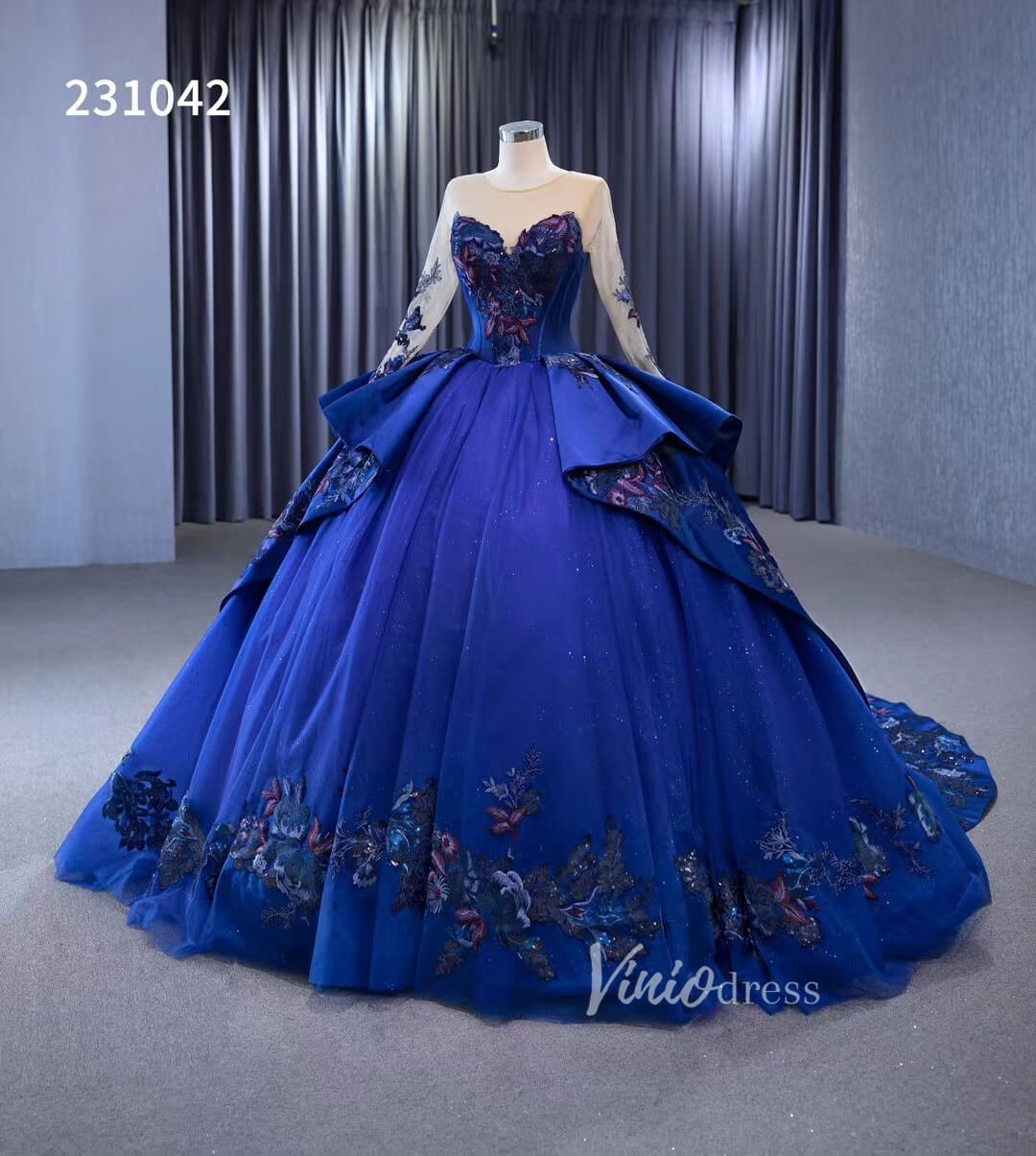 Long Sleeve Blue Ball Gown Wedding Dresses 231042-wedding dresses 2025 -Viniodress-Blue-Custom Size-