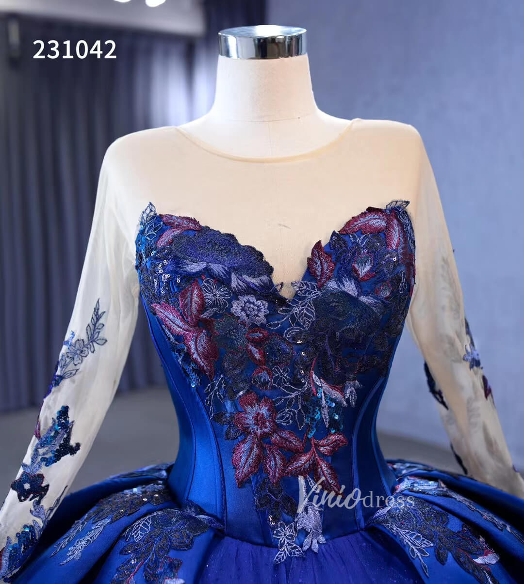 Long Sleeve Blue Ball Gown Wedding Dresses 231042-wedding dresses 2025 -Viniodress-Blue-Custom Size-