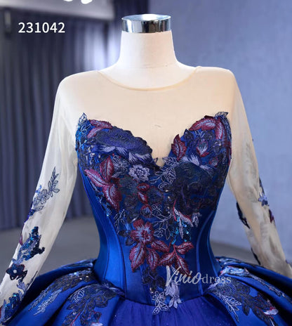 Long Sleeve Blue Ball Gown Wedding Dresses 231042-wedding dresses 2025 -Viniodress-Blue-Custom Size-