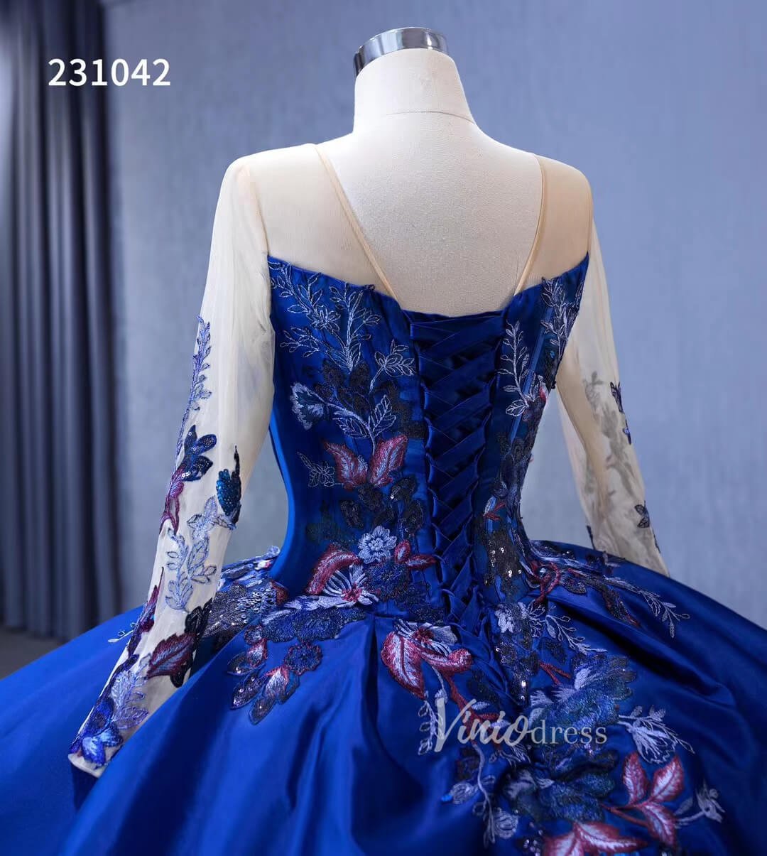 Long Sleeve Blue Ball Gown Wedding Dresses 231042 – Viniodress