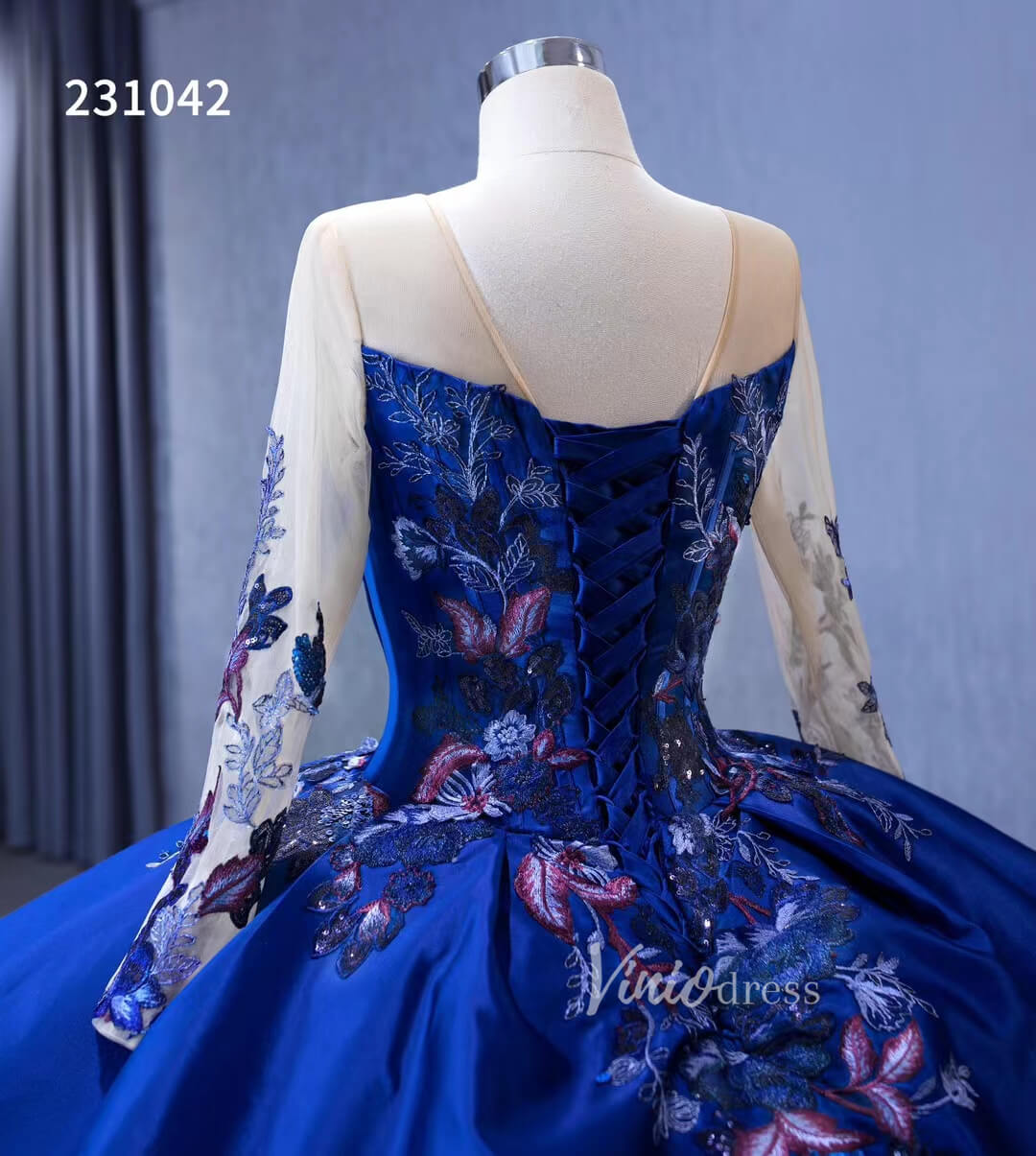 Long Sleeve Blue Ball Gown Wedding Dresses 231042-wedding dresses-Viniodress-Viniodress