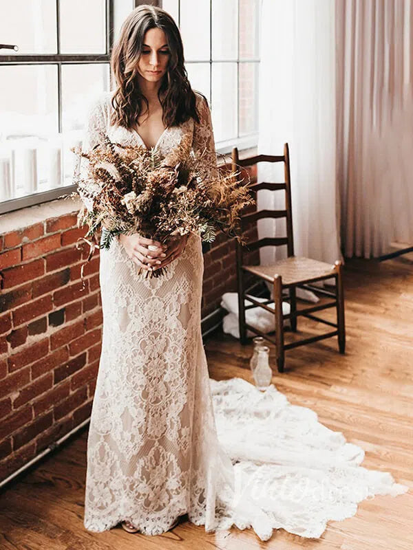 Long Sleeve Bohemian Wedding Dress Lace Country Bridal Dress VW1095-wedding dresses-Viniodress-Nude-Custom Size-Viniodress