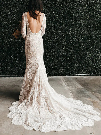 Long Sleeve Bohemian Wedding Dress Mermaid Lace Elopement Bridal Dress Viniodress Long Sleeve Bohemian Wedding Dress Mermaid Lace Elopement Bridal Dress Viniodress
