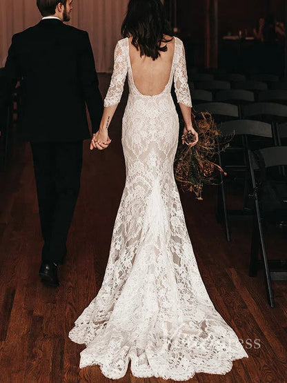 Long Sleeve Bohemian Wedding Dress Mermaid Lace Elopement Bridal Dress VW1095-wedding dresses 2025 -Viniodress-Ivory-Custom Size-
