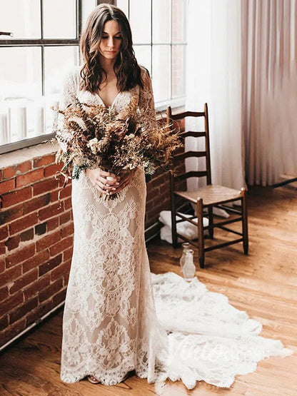 Long Sleeve Bohemian Wedding Dress Mermaid Lace Elopement Bridal Dress VW1095-wedding dresses 2025 -Viniodress-Ivory-Custom Size-