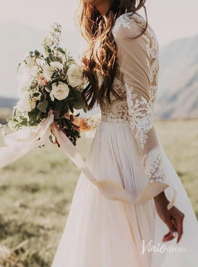 Long Sleeve Boho Wedding Dresses Rustic Country Wedding Dress Viniodress VW1111-wedding dresses 2025 -Viniodress-Ivory-Custom Size-