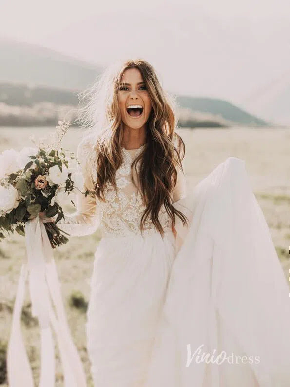 Long Sleeve Boho Wedding Dresses Rustic Country Wedding Dress Viniodress VW1111-wedding dresses 2025 -Viniodress-Ivory-Custom Size-