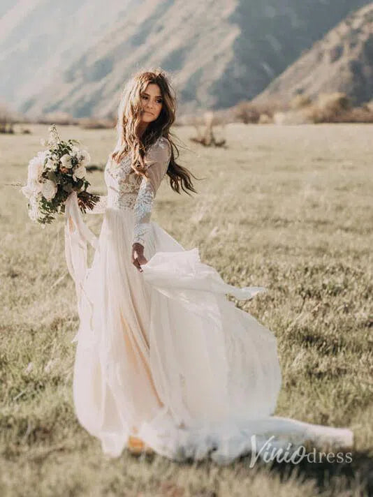 Long Sleeve Boho Wedding Dresses Rustic Country Wedding Dress Viniodress VW1111-wedding dresses 2025 -Viniodress-Ivory-Custom Size-