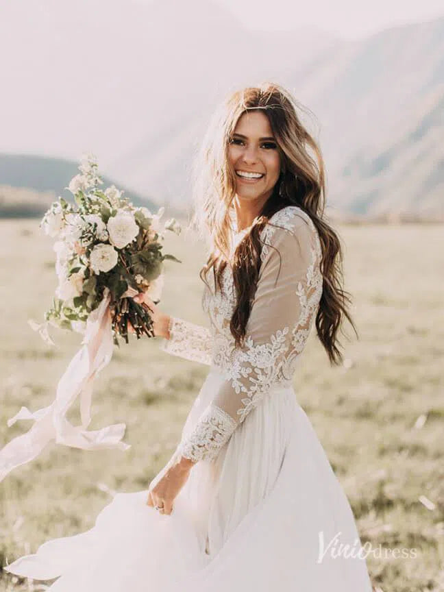 Long Sleeve Boho Wedding Dresses Rustic Country Wedding Dress Viniodress VW1111-wedding dresses 2025 -Viniodress-Ivory-Custom Size-