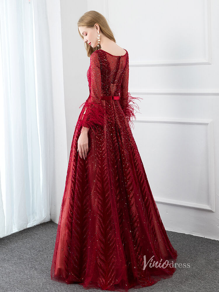 Prom Dress 2025 Long Sleeve Burgundy Prom Dresses A-line Lace Evening Dress FD2790-unique prom dresses-Burgundy-US 2-Viniodress