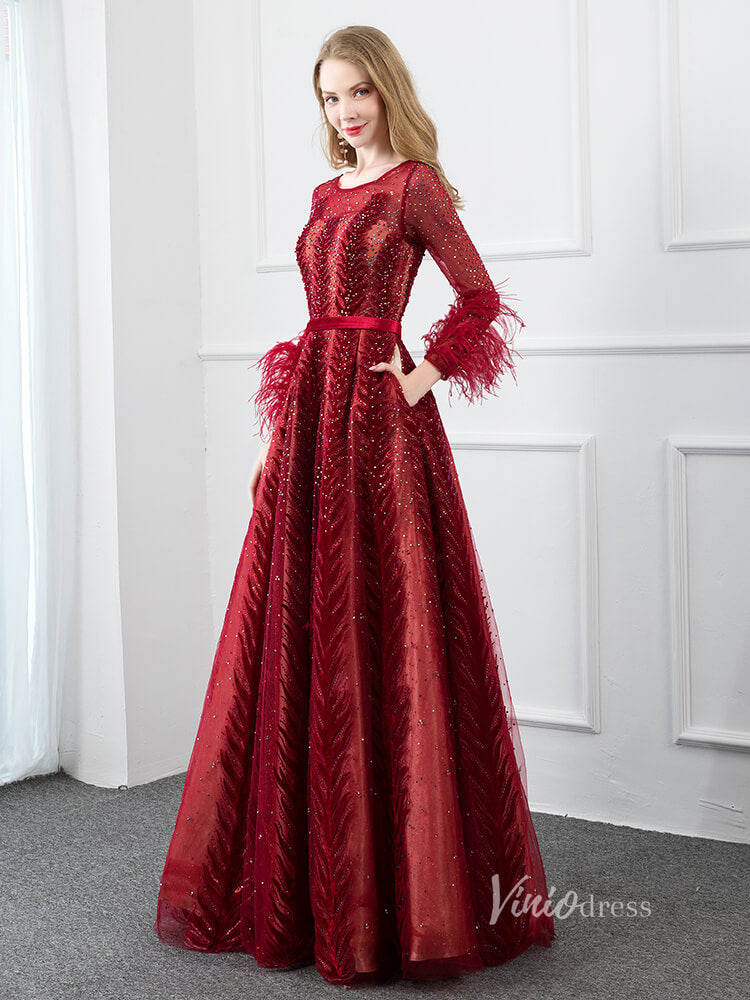 Prom Dress 2025 Long Sleeve Burgundy Prom Dresses A-line Lace Evening Dress FD2790-unique prom dresses-Burgundy-US 2-Viniodress