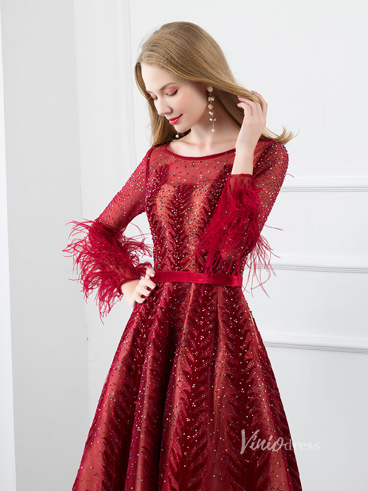 Prom Dress 2025 Long Sleeve Burgundy Prom Dresses A-line Lace Evening Dress FD2790-unique prom dresses-Burgundy-US 2-Viniodress