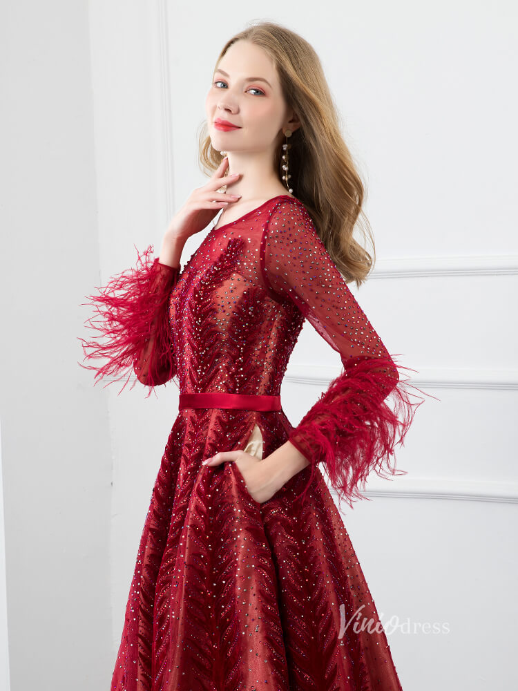 Prom Dress 2025 Long Sleeve Burgundy Prom Dresses A-line Lace Evening Dress FD2790-unique prom dresses-Burgundy-US 2-Viniodress