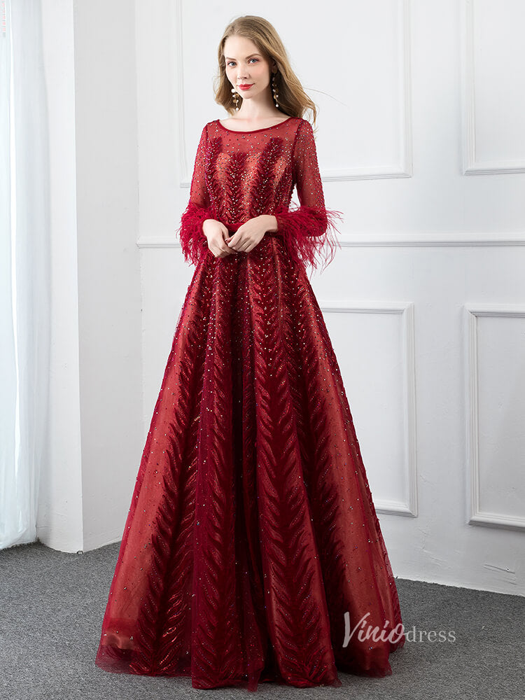 Prom Dress 2025 Long Sleeve Burgundy Prom Dresses A-line Lace Evening Dress FD2790-unique prom dresses-Burgundy-US 2-Viniodress