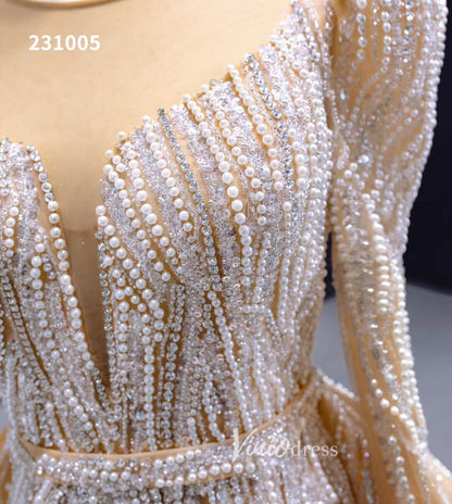 Long Sleeve Champagne Wedding Dresses Removable Overskirt Pageant Gown 231005-wedding dresses 2025 -Viniodress-Champagne-Custom Size-