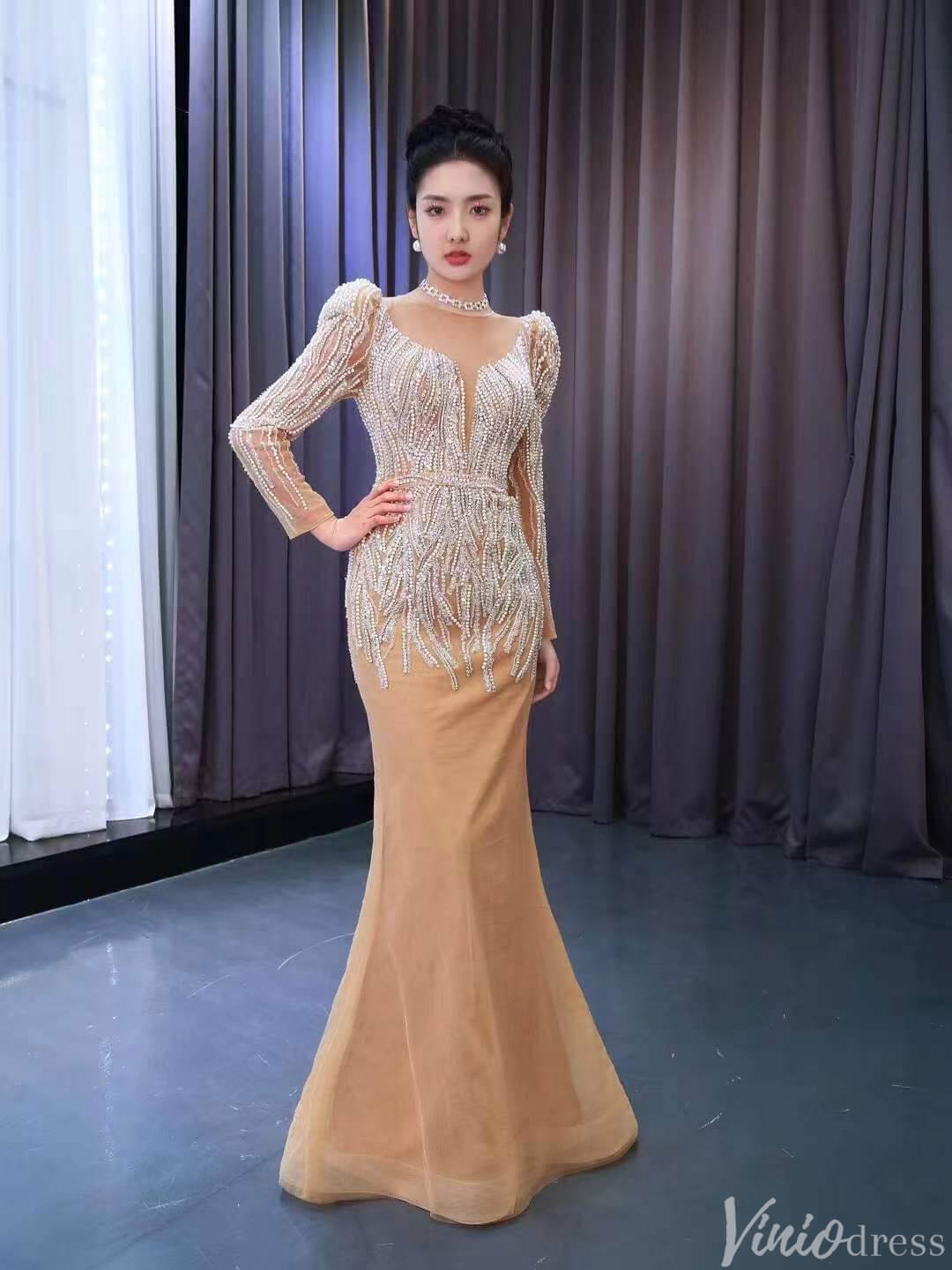 Long Sleeve Champagne Wedding Dresses Removable Overskirt Pageant Gown 231005-wedding dresses 2025 -Viniodress-Champagne-Custom Size-