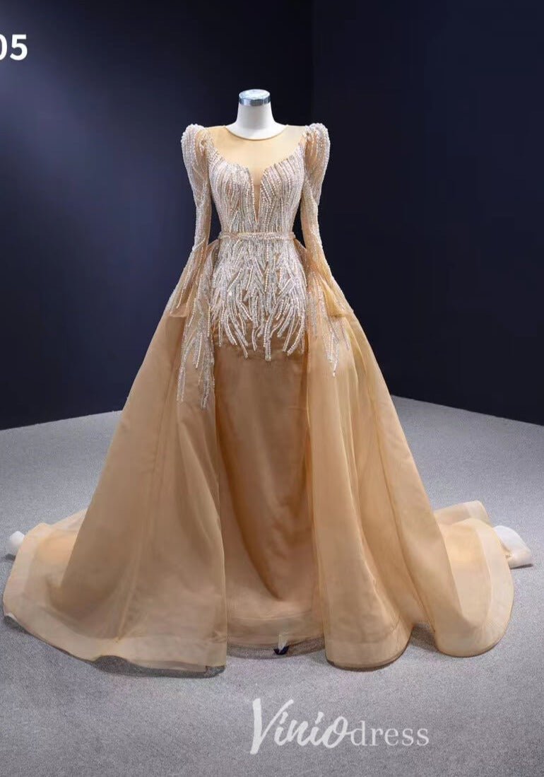 Long Sleeve Champagne Wedding Dresses Removable Overskirt Pageant Gown 231005-wedding dresses 2025 -Viniodress-Champagne-Custom Size-