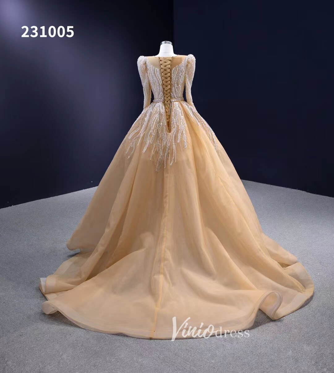Long Sleeve Champagne Wedding Dresses Removable Overskirt Pageant Gown 231005-wedding dresses 2025 -Viniodress-Champagne-Custom Size-