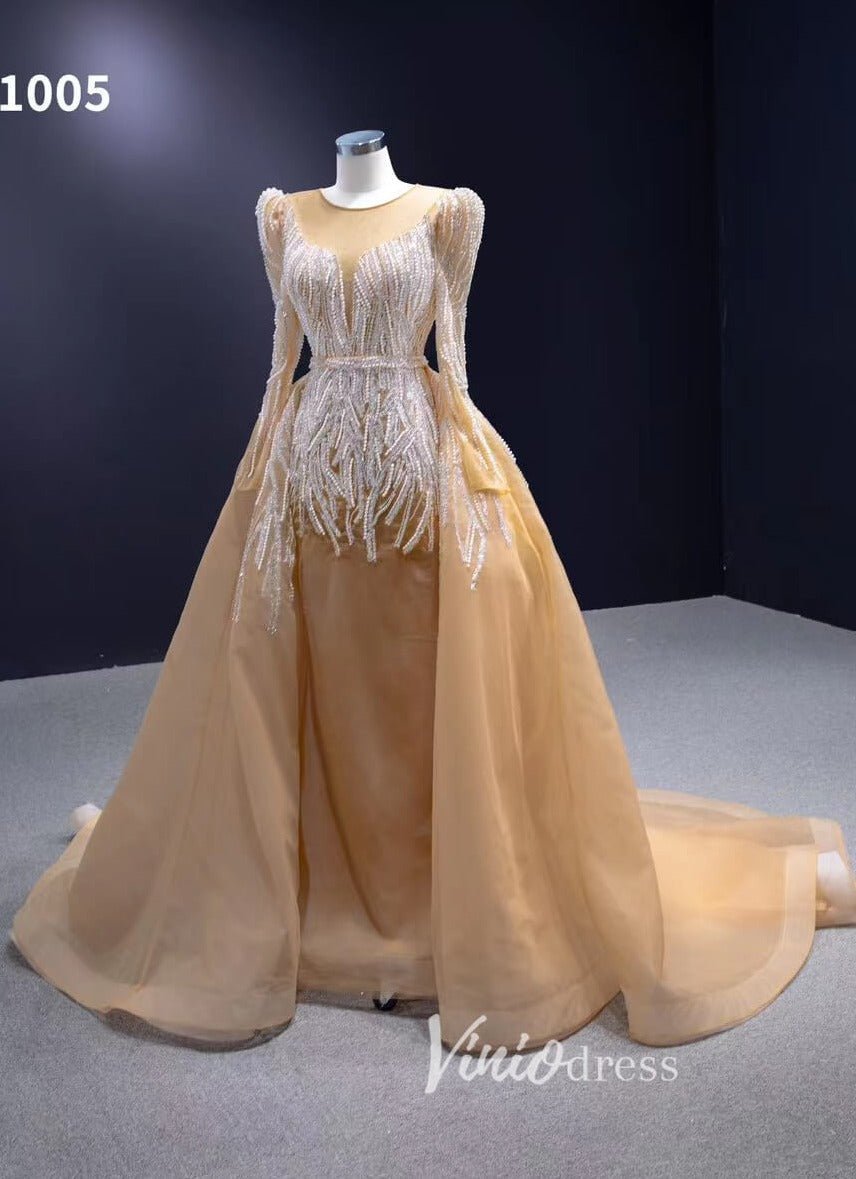 Long Sleeve Champagne Wedding Dresses Removable Overskirt Pageant Gown 231005-wedding dresses 2025 -Viniodress-Champagne-Custom Size-