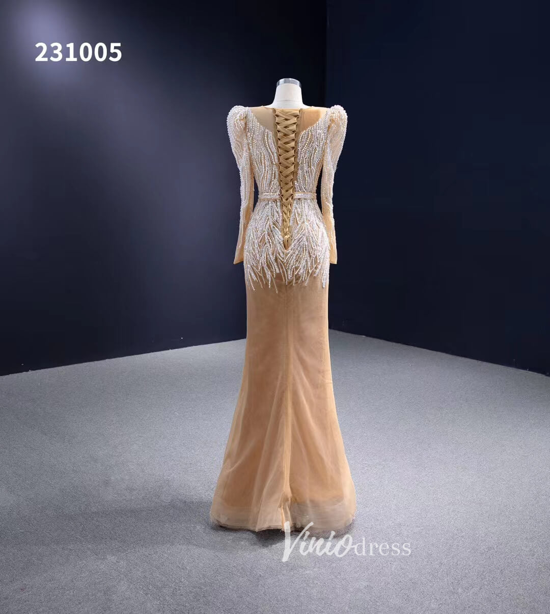 Long Sleeve Champagne Wedding Dresses Removable Overskirt Pageant Gown 231005-wedding dresses 2025 -Viniodress-Champagne-Custom Size-