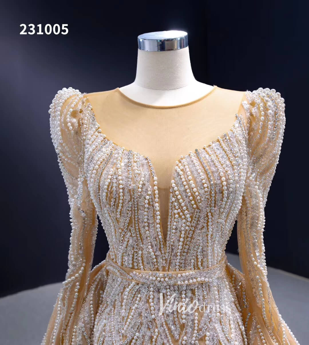 Long Sleeve Champagne Wedding Dresses Removable Overskirt Pageant Gown 231005-wedding dresses 2025 -Viniodress-Champagne-Custom Size-