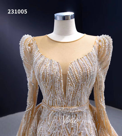 Long Sleeve Champagne Wedding Dresses Removable Overskirt Pageant Gown 231005-wedding dresses 2025 -Viniodress-Champagne-Custom Size-