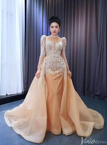 Long Sleeve Champagne Wedding Dresses Removable Overskirt Pageant Gown 231005-wedding dresses 2025 -Viniodress-Champagne-Custom Size-