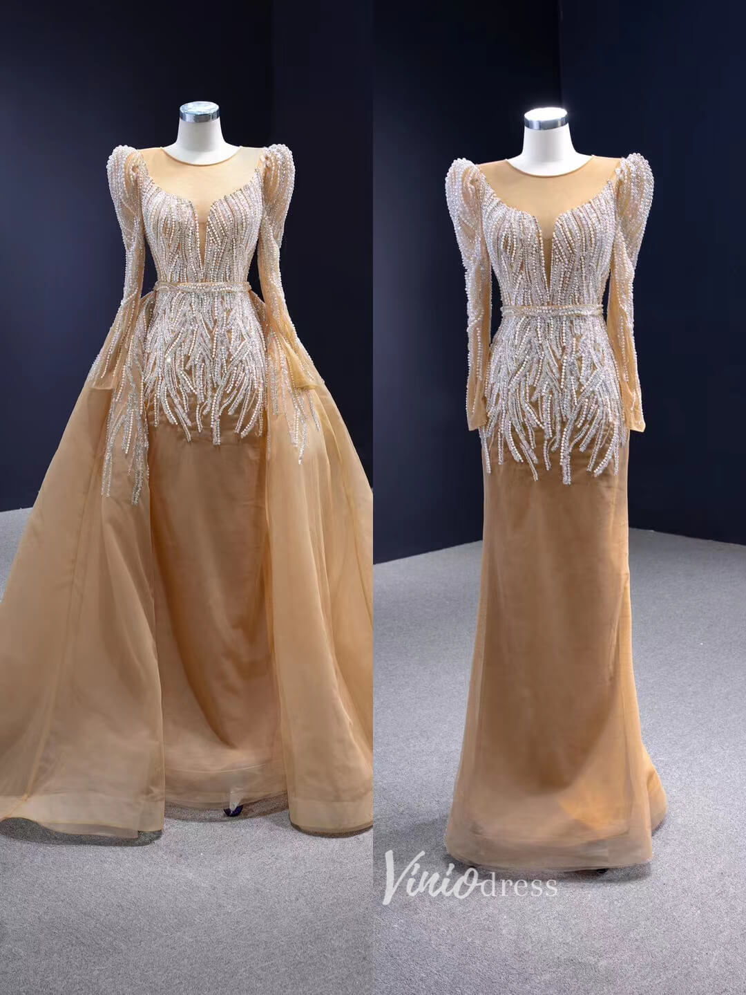 Long Sleeve Champagne Wedding Dresses Removable Overskirt Pageant Gown 231005-wedding dresses 2025 -Viniodress-Champagne-Custom Size-