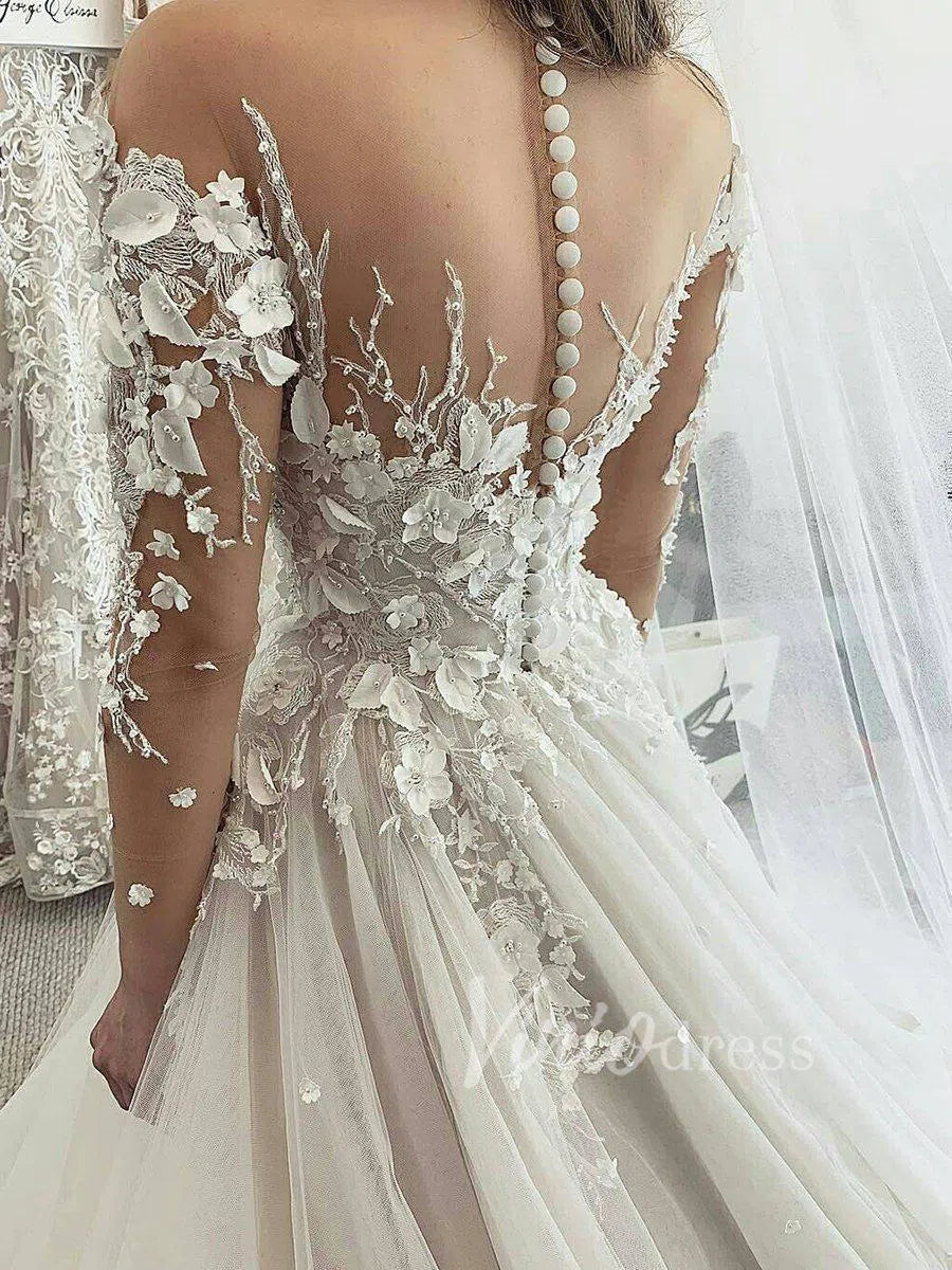 Long Sleeve Champagne Wedding Dresses with 3D Lace Appliqués VW1215-wedding dresses 2025 -Viniodress-As Picture-Custom Size-