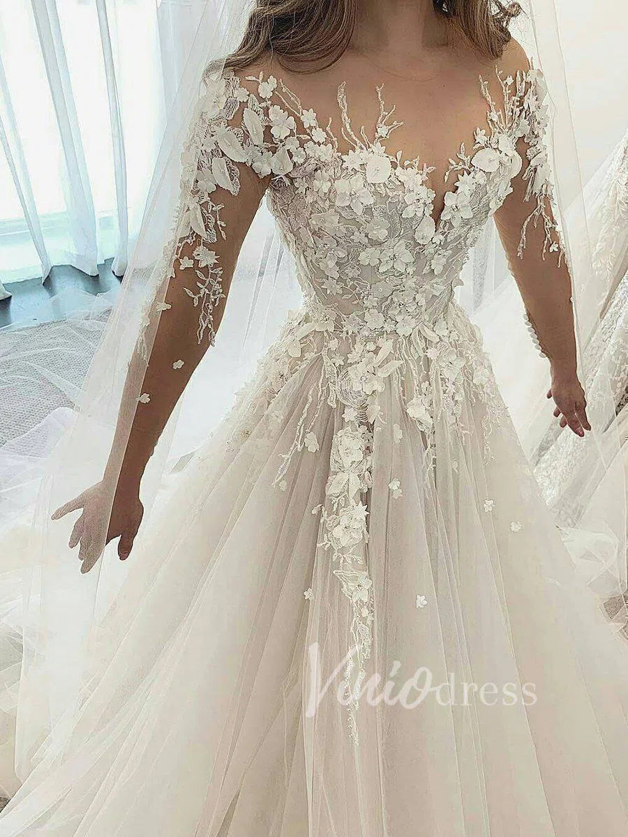 Long Sleeve Champagne Wedding Dresses with 3D Lace Appliqués VW1215 – Viniodress Long Sleeve Champagne Wedding Dresses with 3D Lace Appliqués VW1215 – Viniodress