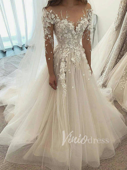 Long Sleeve Champagne Wedding Dresses with 3D Lace Appliqués VW1215-wedding dresses 2025 -Viniodress-As Picture-Custom Size-